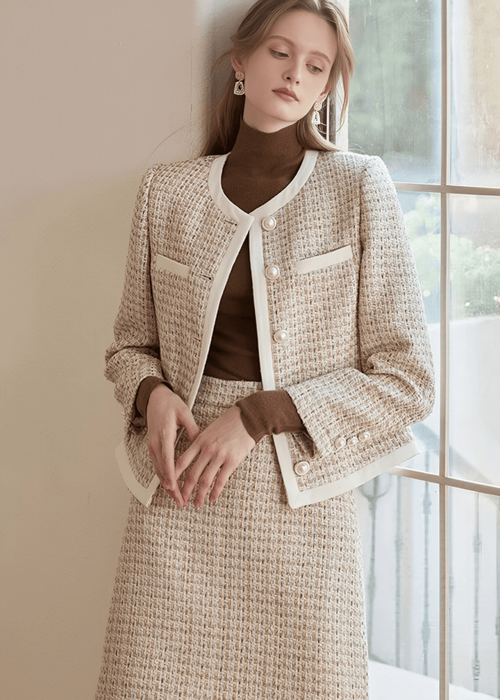CONTRAST TRIM TWEED JACKET&SKIRT - Vera Lumina