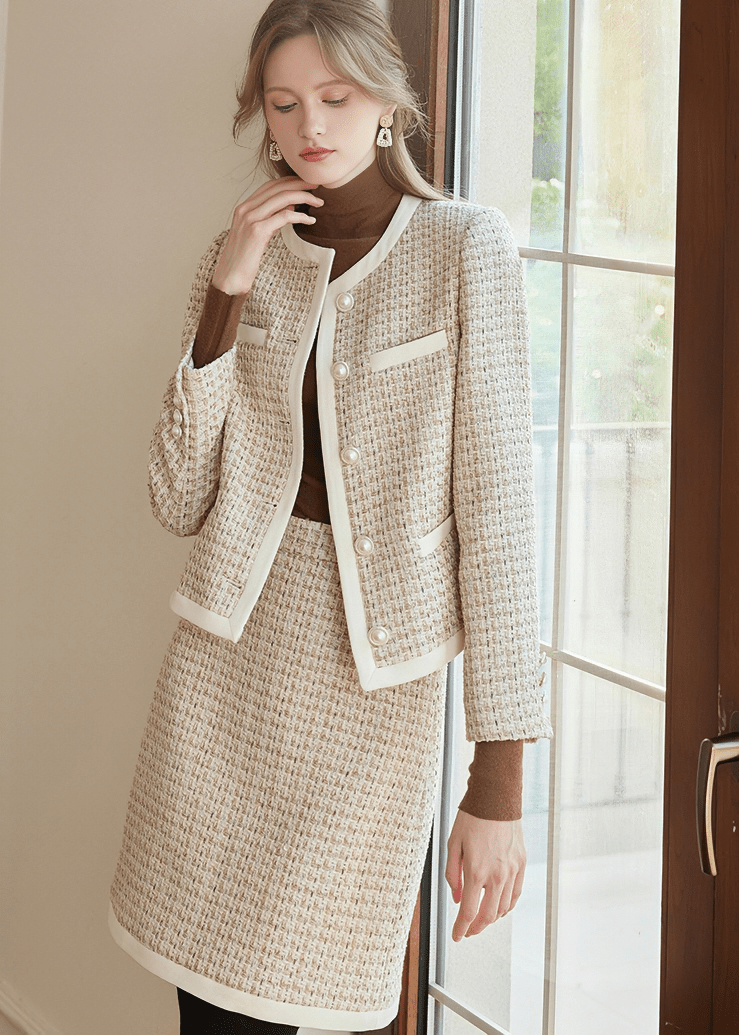 CONTRAST TRIM TWEED JACKET&SKIRT - Vera Lumina