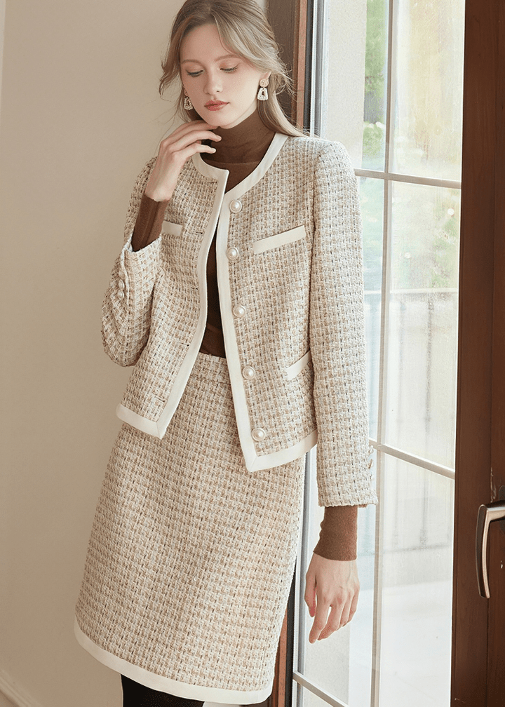 CONTRAST TRIM TWEED JACKET&SKIRT - Vera Lumina