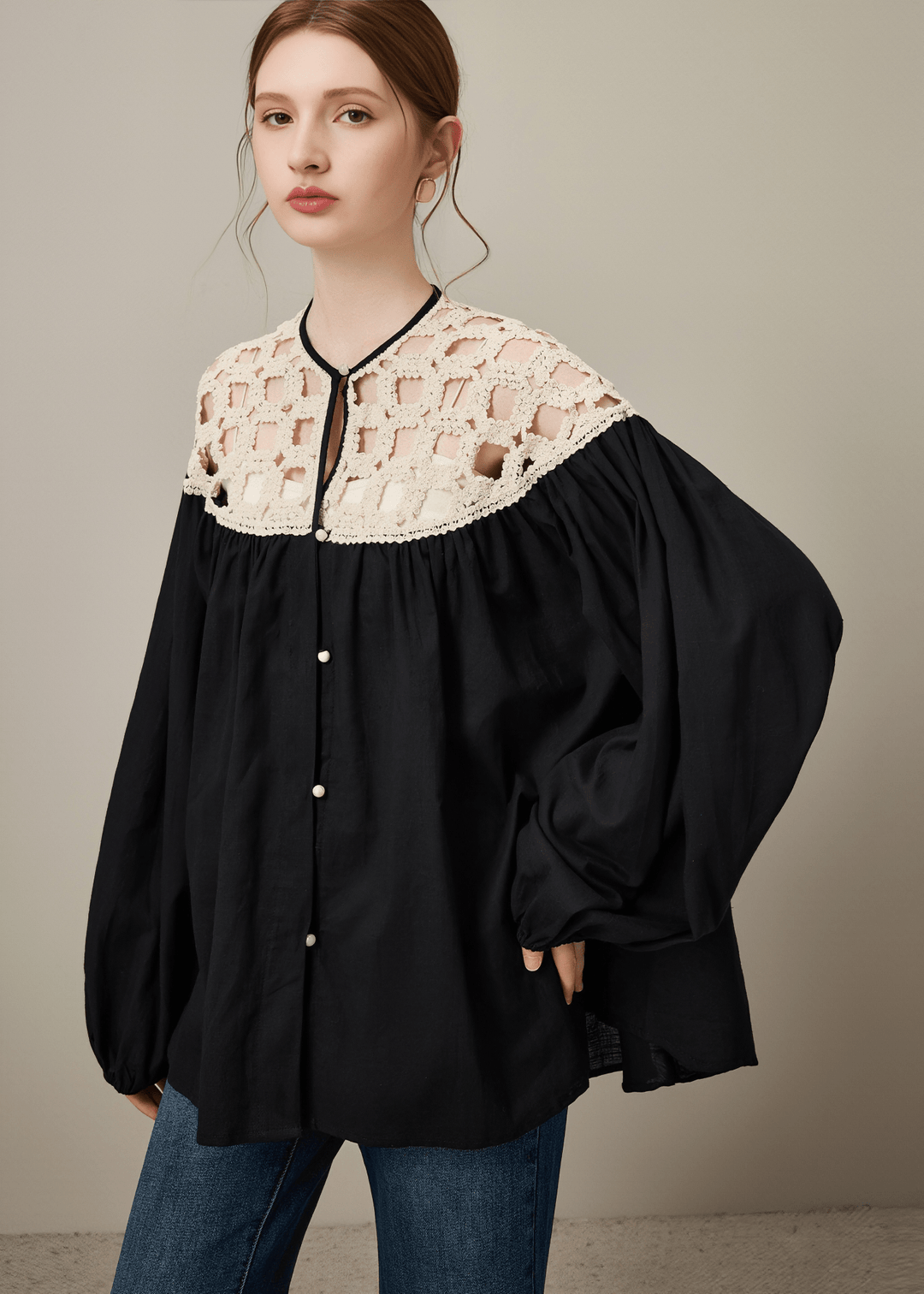 CROCHET YOKE OVERSIZED BLOUSE - Vera Lumina
