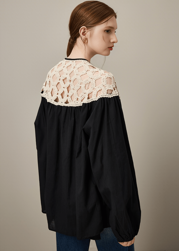 CROCHET YOKE OVERSIZED BLOUSE - Vera Lumina