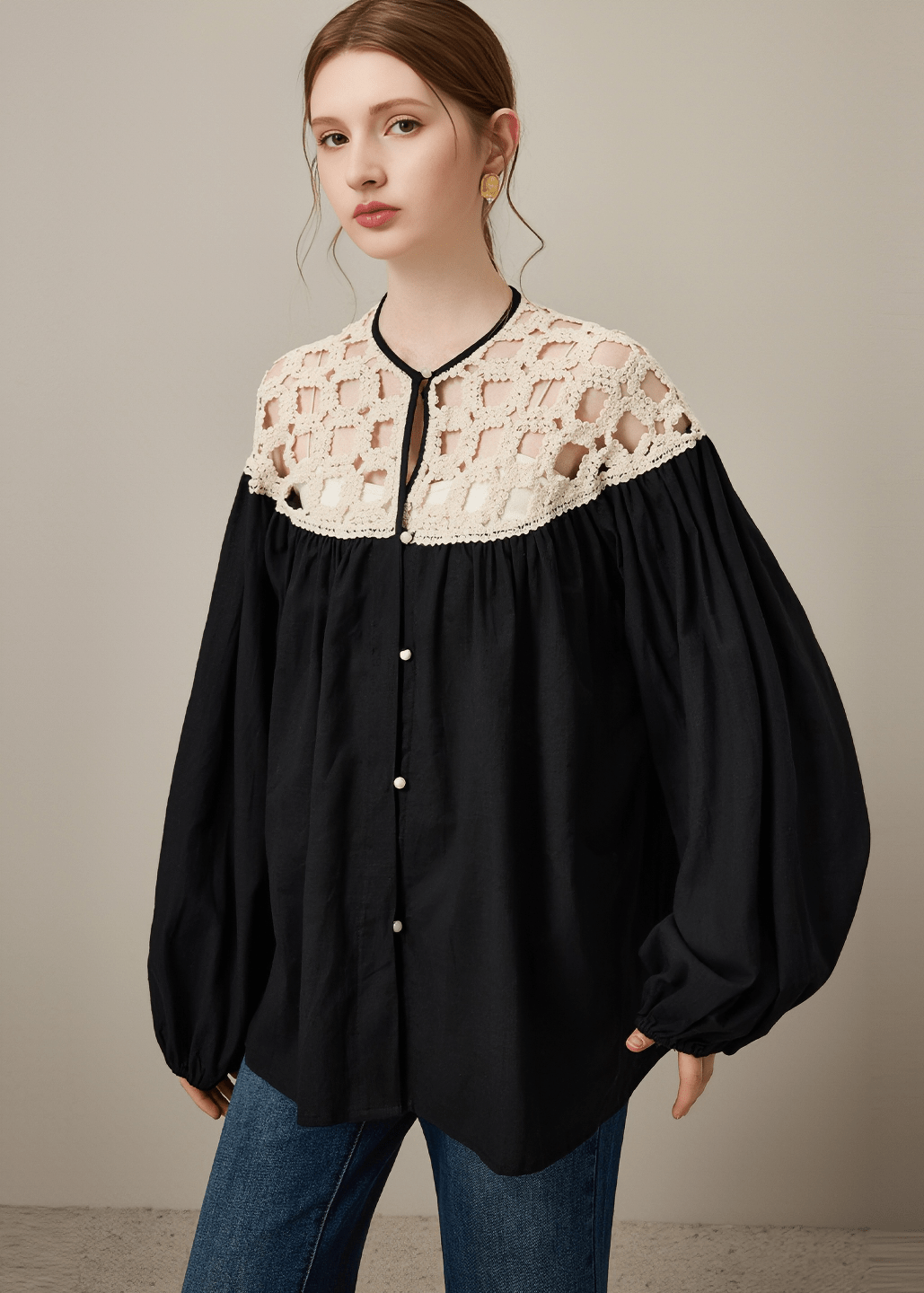 CROCHET YOKE OVERSIZED BLOUSE - Vera Lumina
