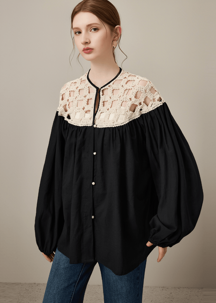 CROCHET YOKE OVERSIZED BLOUSE - Vera Lumina