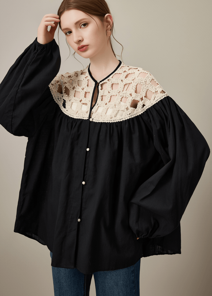 CROCHET YOKE OVERSIZED BLOUSE - Vera Lumina