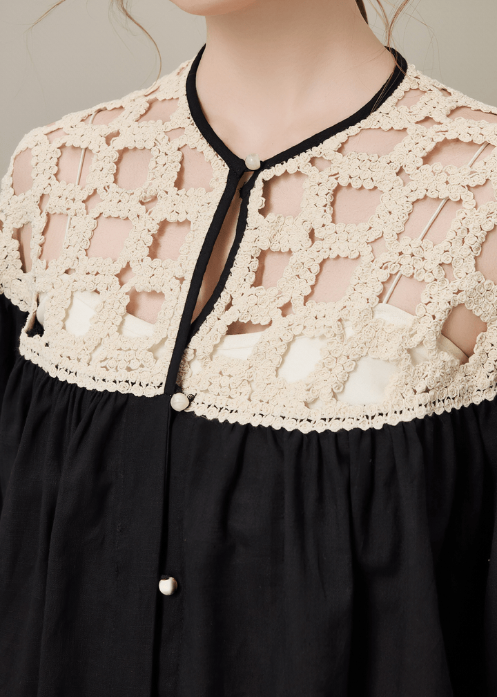 CROCHET YOKE OVERSIZED BLOUSE - Vera Lumina