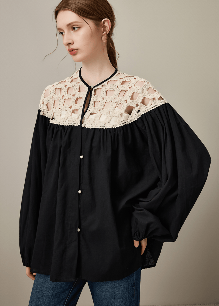 CROCHET YOKE OVERSIZED BLOUSE - Vera Lumina