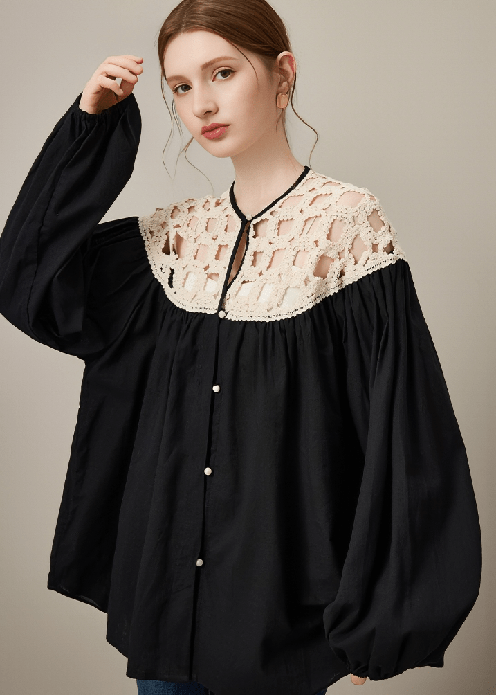CROCHET YOKE OVERSIZED BLOUSE - Vera Lumina