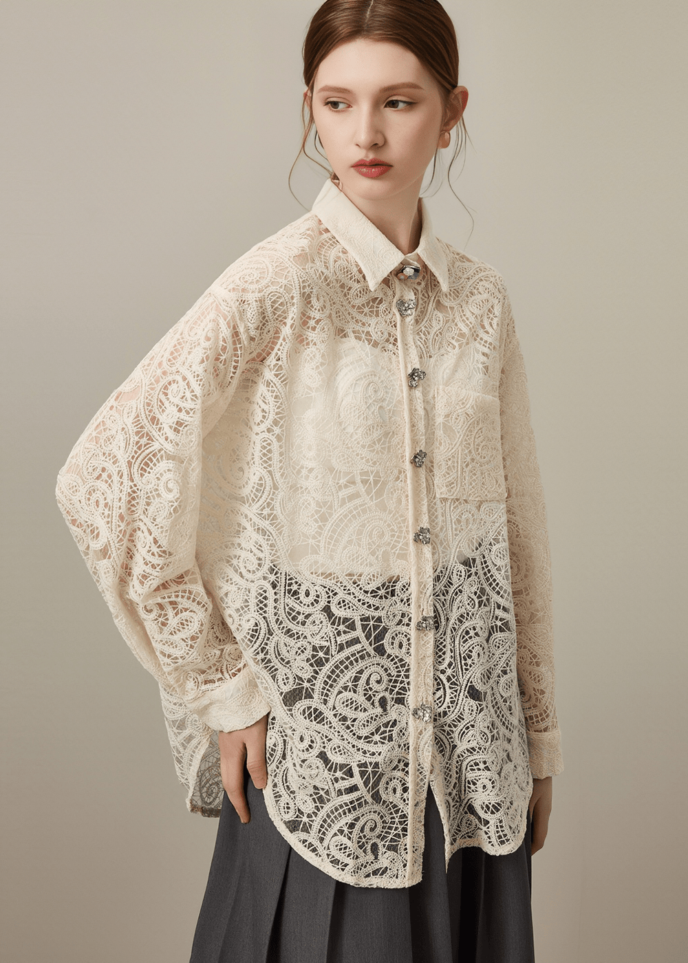 CRYSTAL BUTTON LACE SHIRT - Vera Lumina