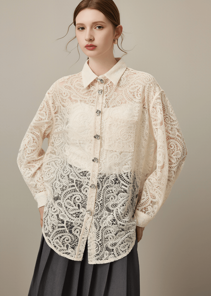 CRYSTAL BUTTON LACE SHIRT - Vera Lumina