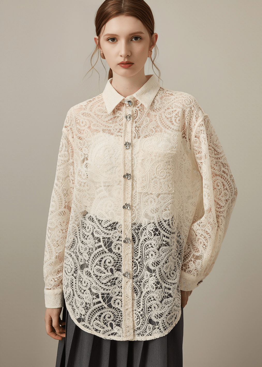 CRYSTAL BUTTON LACE SHIRT - Vera Lumina