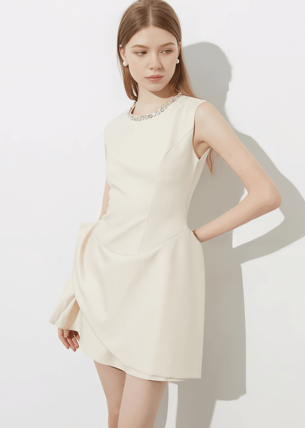 CRYSTAL COLLAR ASYMMETRIC DRAPE DRESS - Vera Lumina
