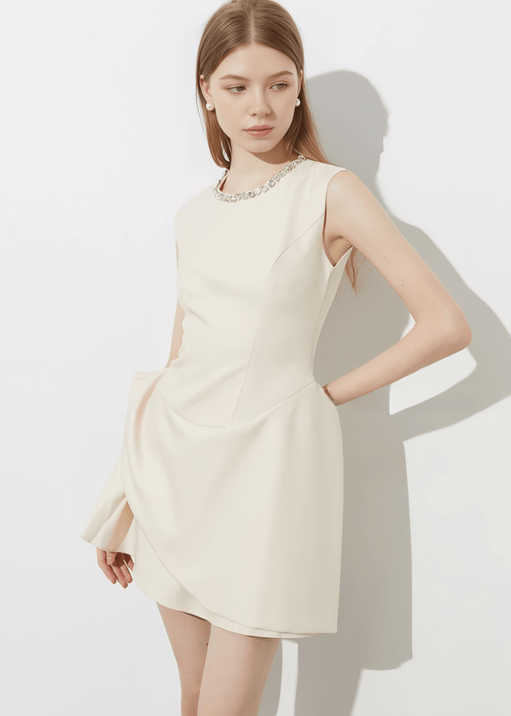 CRYSTAL COLLAR ASYMMETRIC DRAPE DRESS - Vera Lumina