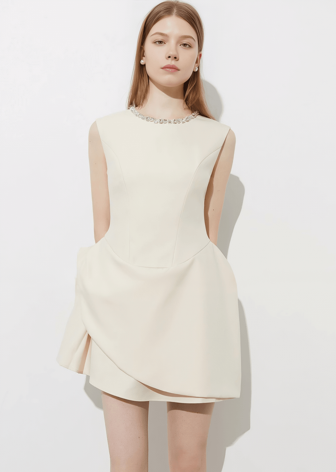 CRYSTAL COLLAR ASYMMETRIC DRAPE DRESS - Vera Lumina