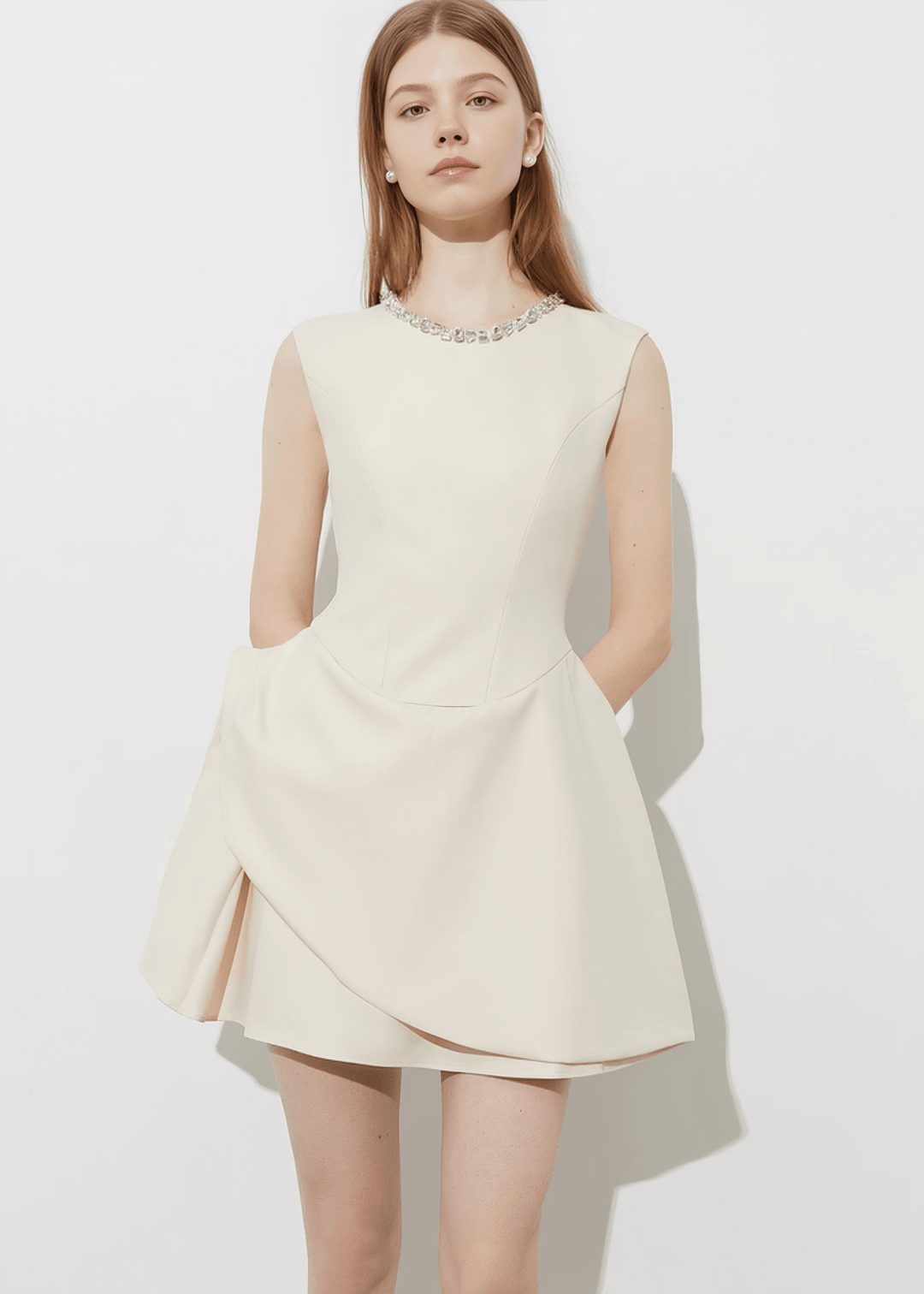 CRYSTAL COLLAR ASYMMETRIC DRAPE DRESS - Vera Lumina