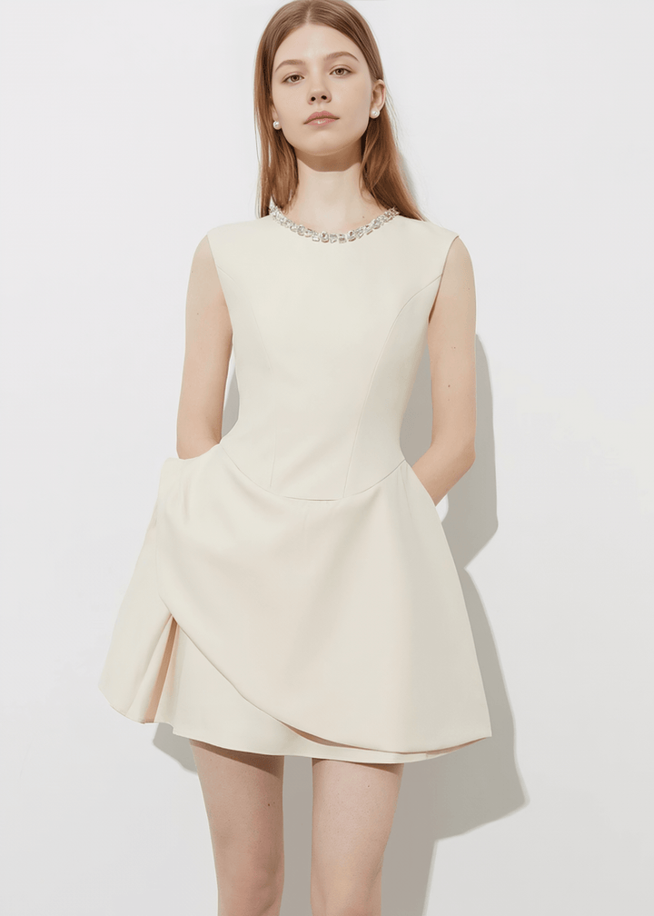 CRYSTAL COLLAR ASYMMETRIC DRAPE DRESS - Vera Lumina
