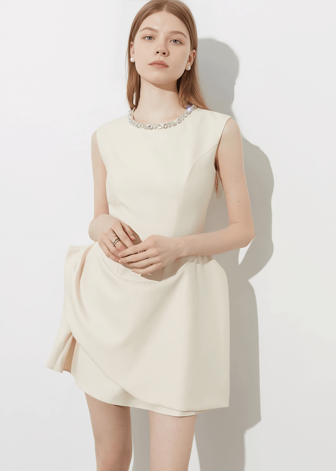 CRYSTAL COLLAR ASYMMETRIC DRAPE DRESS - Vera Lumina