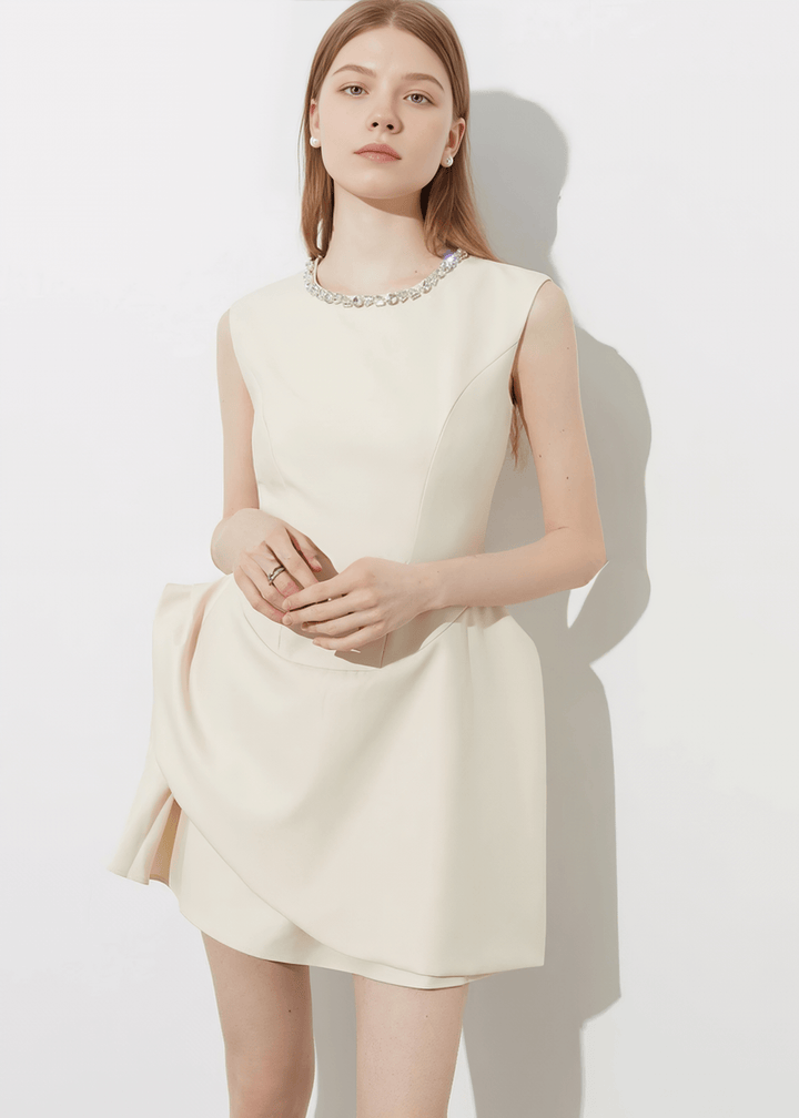CRYSTAL COLLAR ASYMMETRIC DRAPE DRESS - Vera Lumina