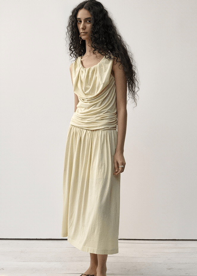 DRAPED ASYMMETRIC RUFFLE MIDI DRESS - Vera Lumina