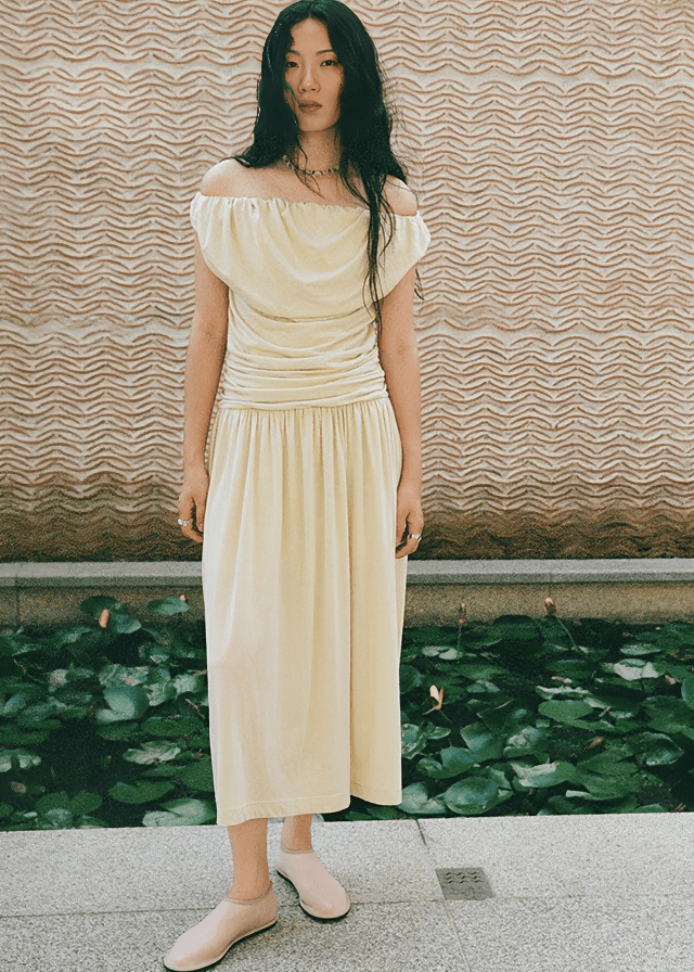 DRAPED ASYMMETRIC RUFFLE MIDI DRESS - Vera Lumina