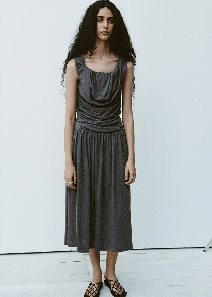 DRAPED ASYMMETRIC RUFFLE MIDI DRESS - Vera Lumina