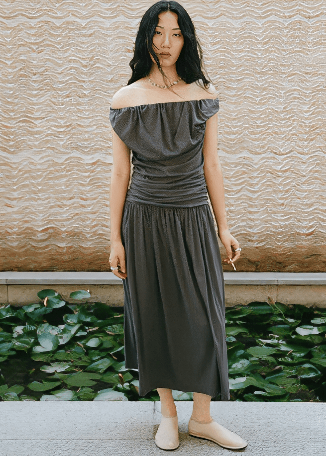 DRAPED ASYMMETRIC RUFFLE MIDI DRESS - Vera Lumina