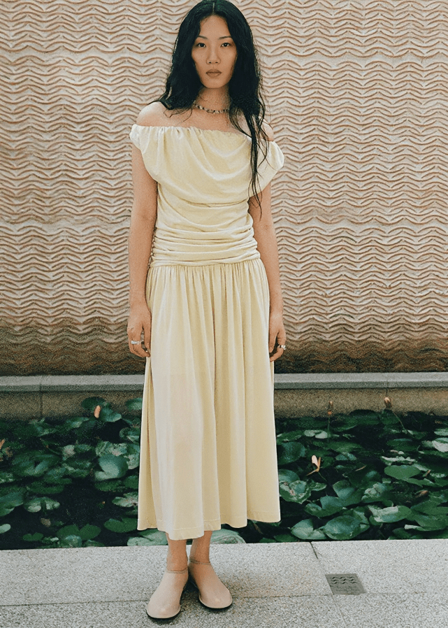 DRAPED ASYMMETRIC RUFFLE MIDI DRESS - Vera Lumina