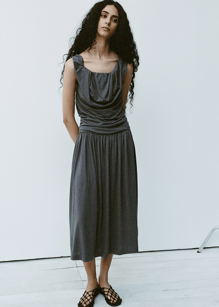 DRAPED ASYMMETRIC RUFFLE MIDI DRESS - Vera Lumina
