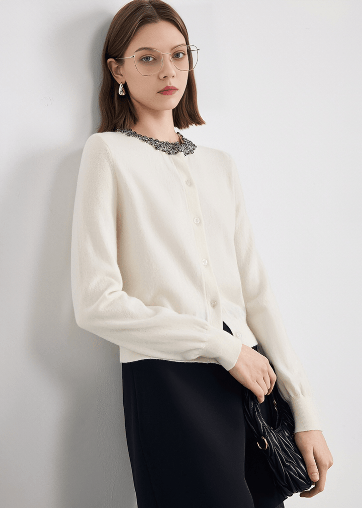 EMBELLISHED COLLAR PEARL BUTTON CARDIGAN - Vera Lumina