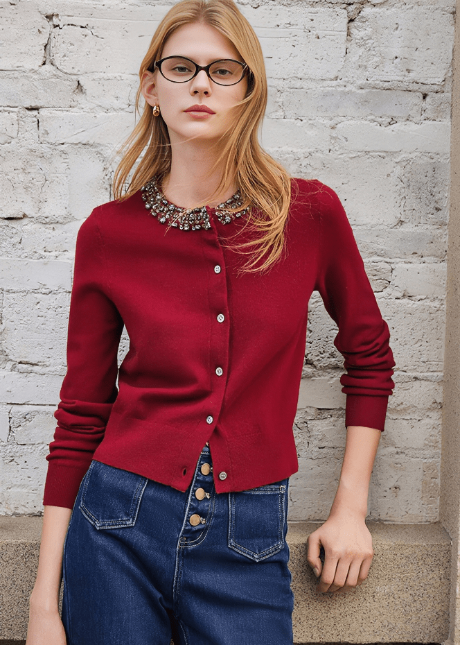 EMBELLISHED COLLAR PEARL BUTTON CARDIGAN - Vera Lumina