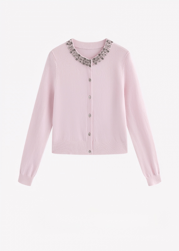 EMBELLISHED COLLAR PEARL BUTTON CARDIGAN - Vera Lumina