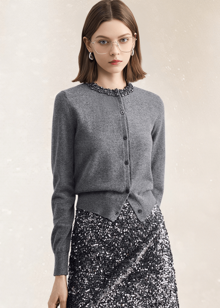 EMBELLISHED COLLAR PEARL BUTTON CARDIGAN - Vera Lumina