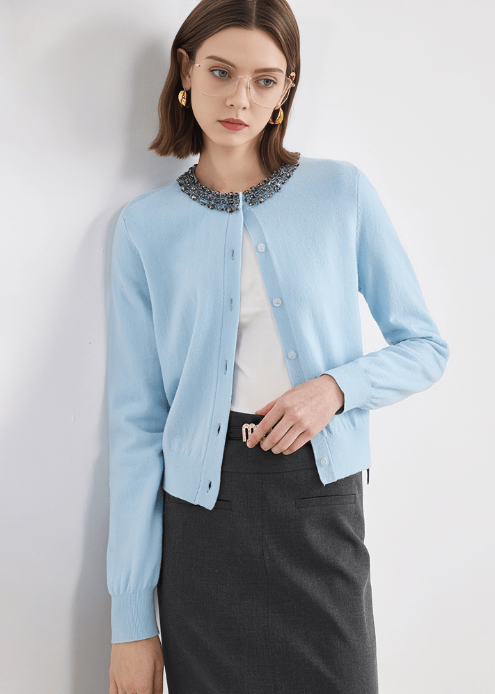 EMBELLISHED COLLAR PEARL BUTTON CARDIGAN - Vera Lumina