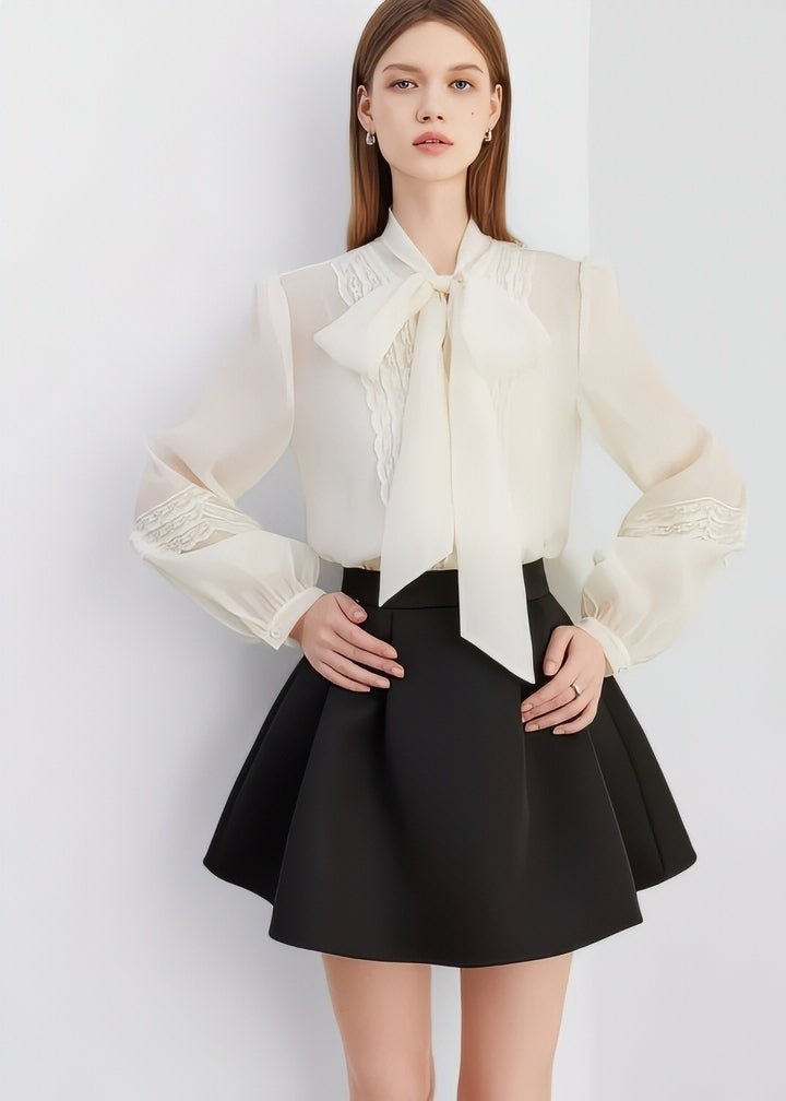 Embroidered Lace Bow Tie Ribbon Blouse - Vera Lumina