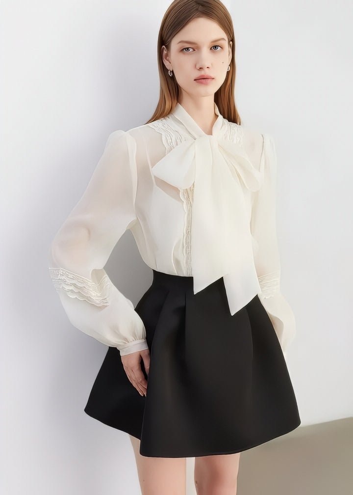 Embroidered Lace Bow Tie Ribbon Blouse - Vera Lumina