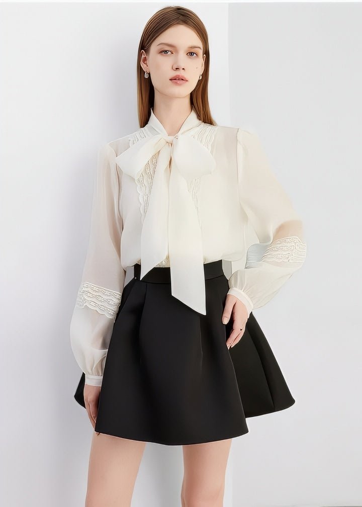 Embroidered Lace Bow Tie Ribbon Blouse - Vera Lumina