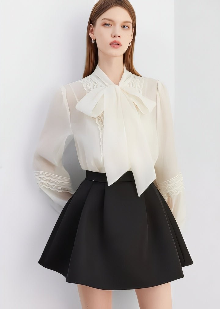Embroidered Lace Bow Tie Ribbon Blouse - Vera Lumina