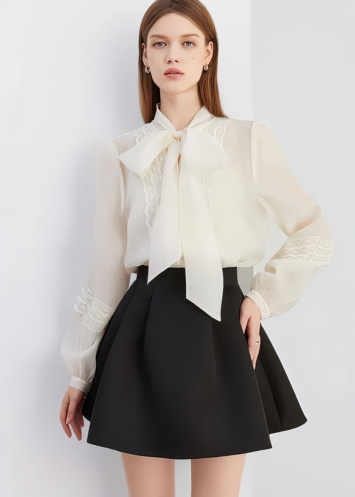 Embroidered Lace Bow Tie Ribbon Blouse - Vera Lumina