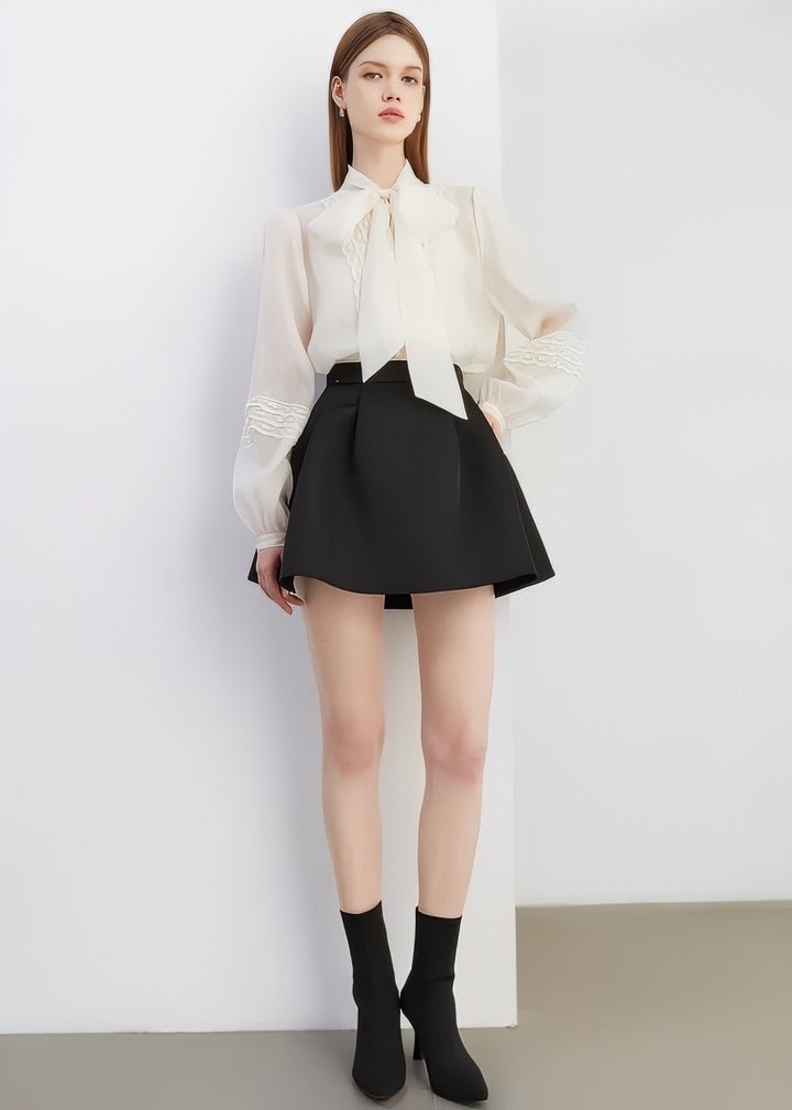 Embroidered Lace Bow Tie Ribbon Blouse - Vera Lumina