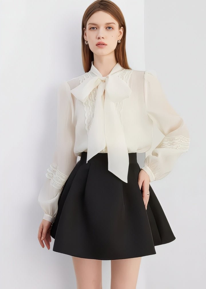 Embroidered Lace Bow Tie Ribbon Blouse - Vera Lumina