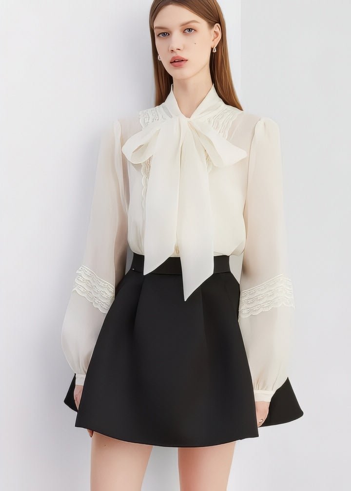 Embroidered Lace Bow Tie Ribbon Blouse - Vera Lumina