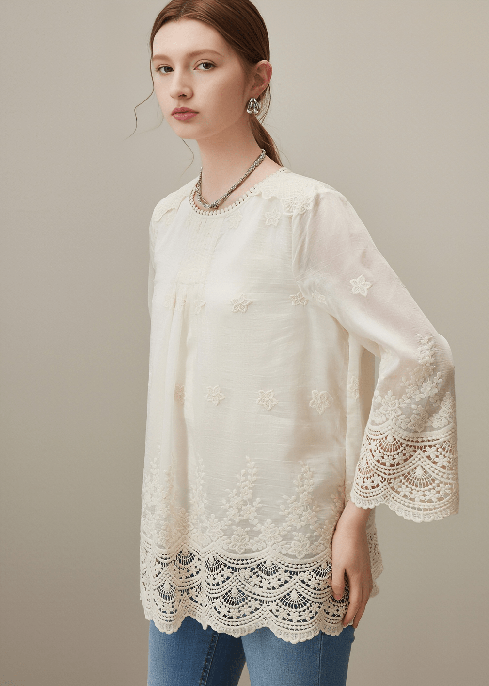 EMBROIDERED LACE TRIM TUNIC - Vera Lumina