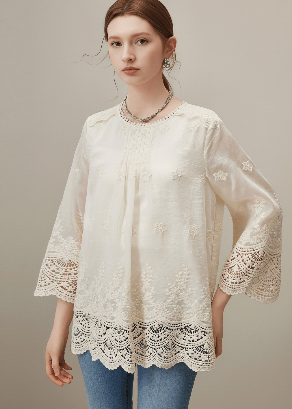 EMBROIDERED LACE TRIM TUNIC - Vera Lumina