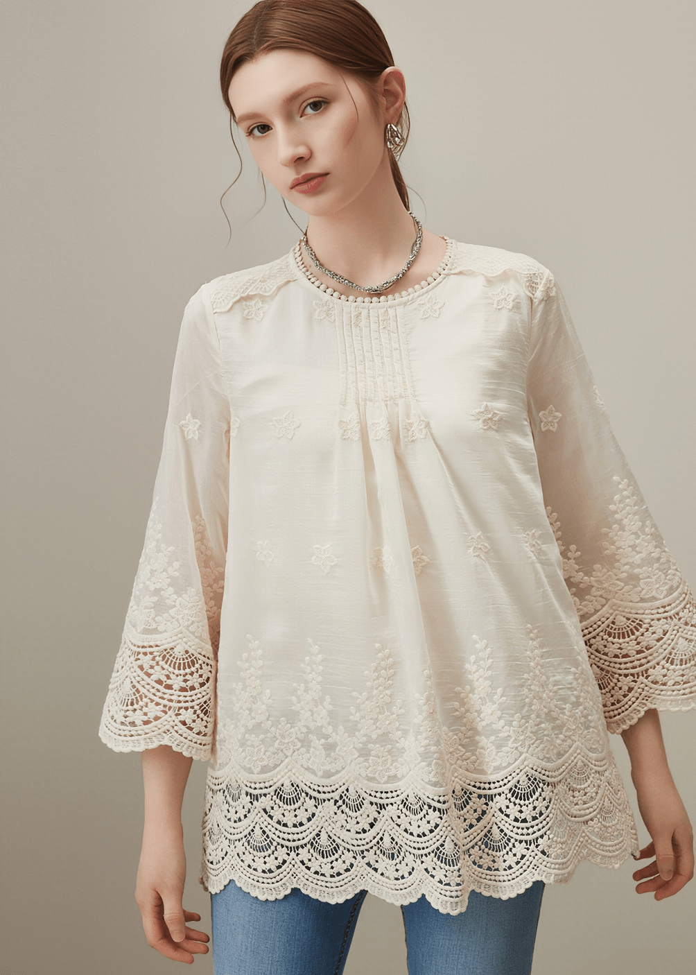 EMBROIDERED LACE TRIM TUNIC - Vera Lumina