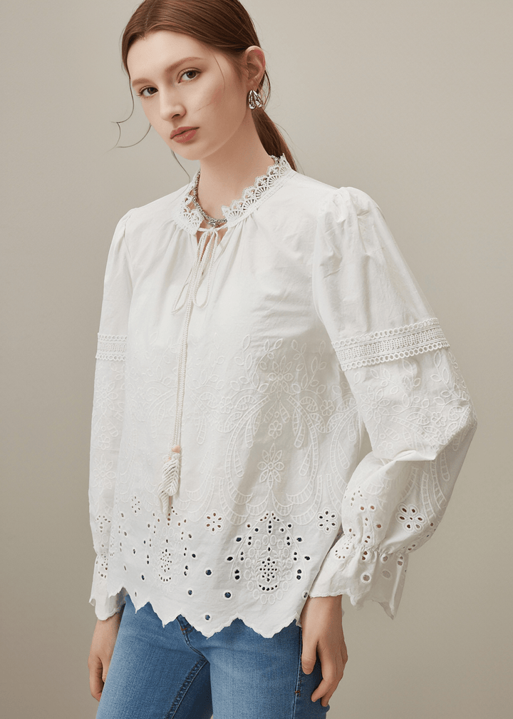 EYELET EMBROIDERED PEASANT BLOUSE - Vera Lumina