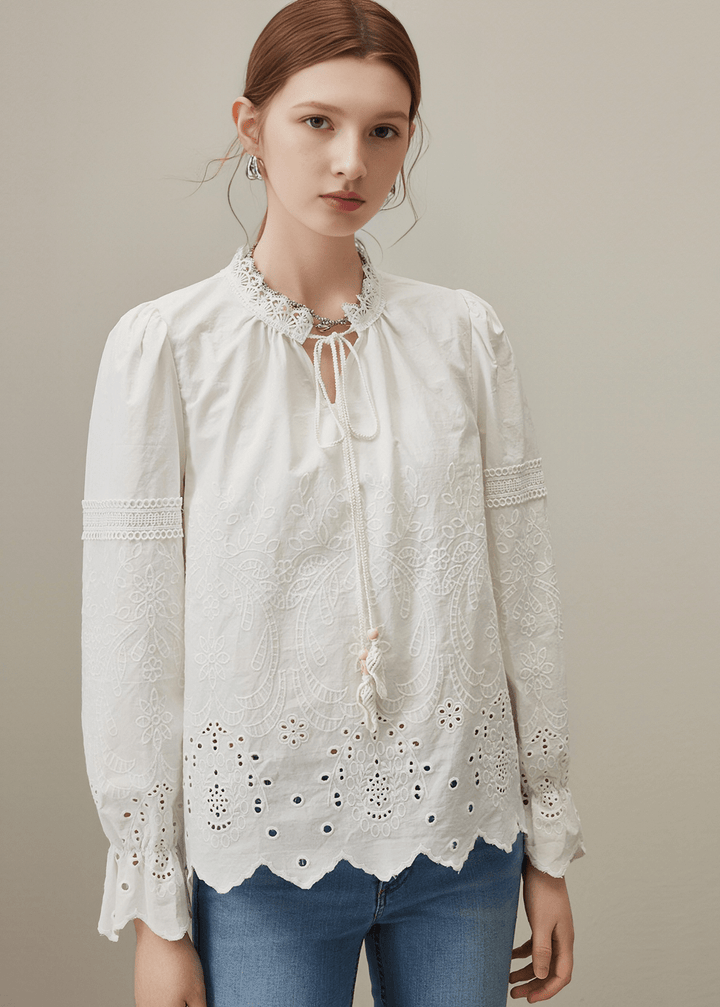 EYELET EMBROIDERED PEASANT BLOUSE - Vera Lumina
