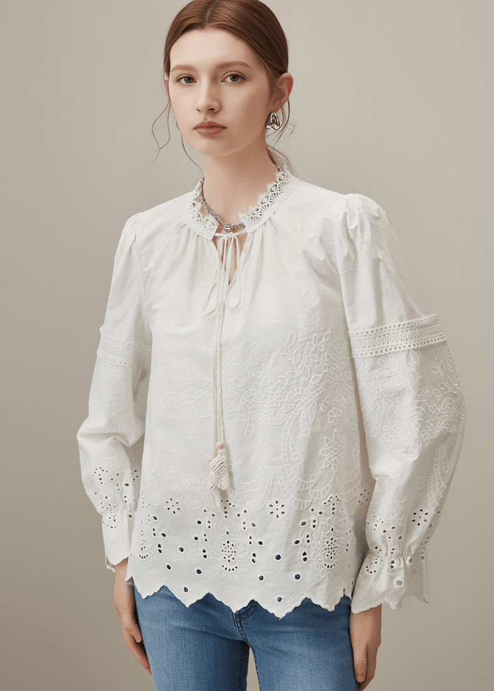 EYELET EMBROIDERED PEASANT BLOUSE - Vera Lumina