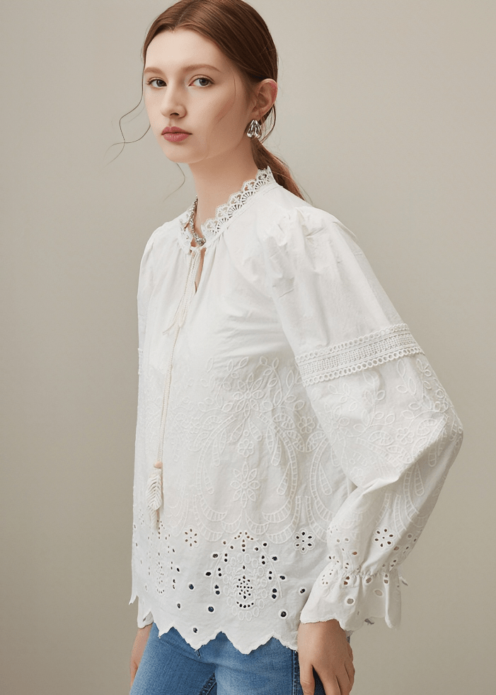 EYELET EMBROIDERED PEASANT BLOUSE - Vera Lumina