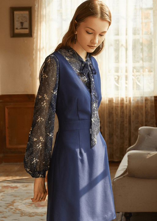 FLORAL CHIFFON PUSSY BOW BLOUSE&PINAFORE DRESS - Vera Lumina