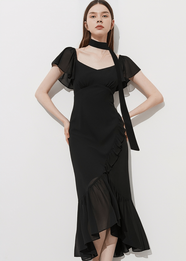 FLUTTER SLEEVE RUFFLE MERMAID DRESS - Vera Lumina