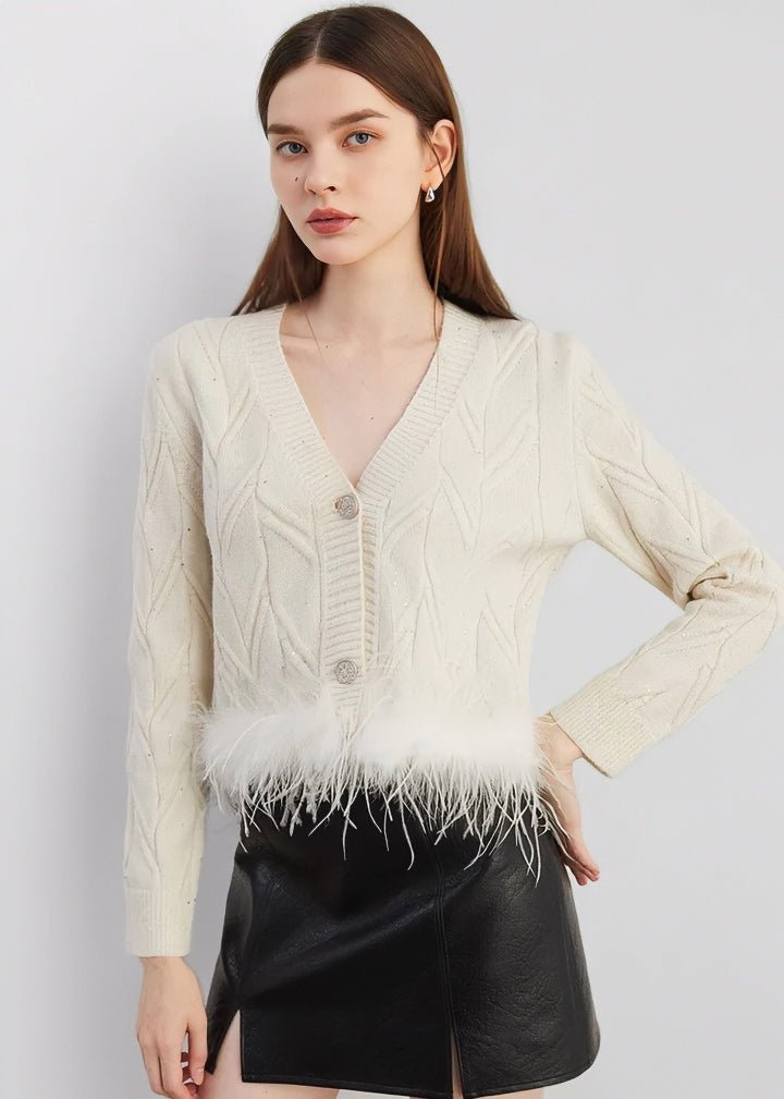 Fur - Trimmed Cable Knit Cardigan - Vera Lumina